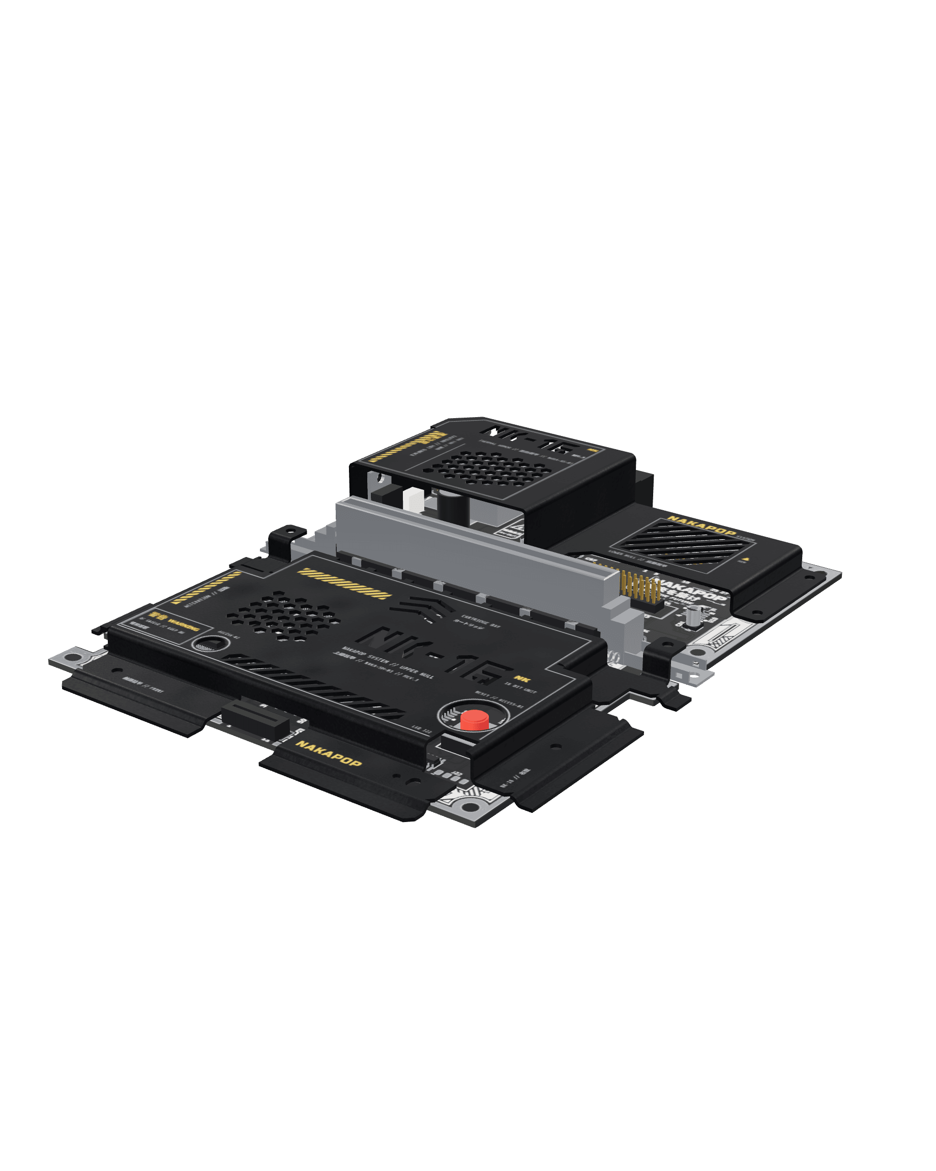 Pack carte mère NAKA-SNSFC-01 et blindages pour Super Famicom, rendu 3D